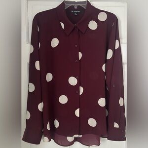 INC International Concepts Maroon & White Polka Dot Blouse XL Flowy & Flattering